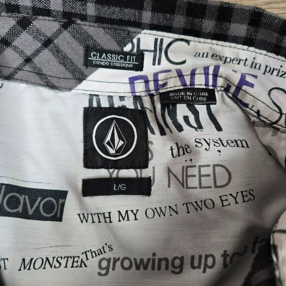 Volcom Mens Sz L Long Sleeve Plaid Shirt Classic Fit Black Gray Casual Button Up - Picture 4 of 12